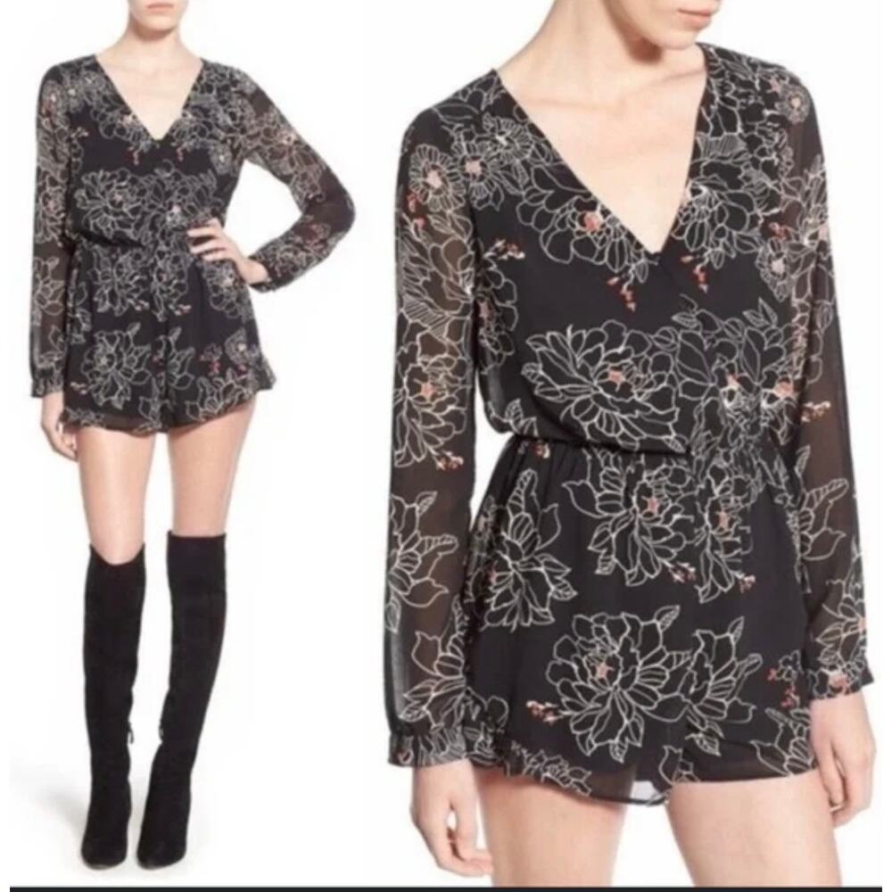 ASTR Floral Long-Sleeve Romper Black Sheer Size Medium